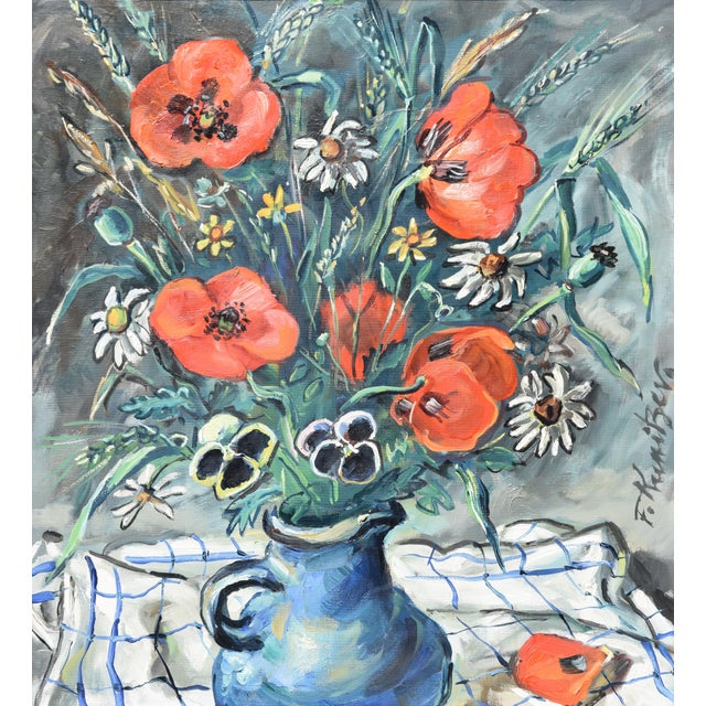 Friedrich Kunitzer, Still Life with Poppies & Jug, 1970s, Oil on Canvas, Framed For Sale - Image 13 of 13