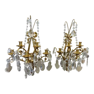 Pair of Mid-Century French Louis XVI Crystal and Bronze Dore Five-Light Sconces