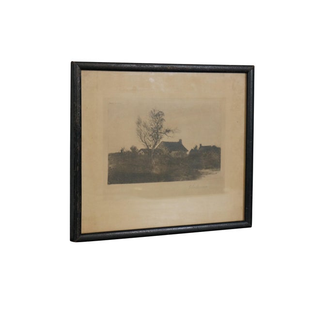 Late 19th century black and white etching titled "Autumn," by Nan Lindahl. Country landscape showing a farmhouse and...