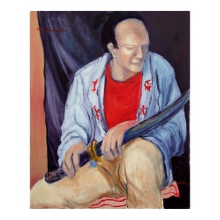 Vintage Mid Century Modern Figurative -- Seated Samurai Original Oil on Canvas by Molly E. Brubaker For Sale