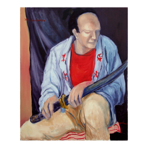 Vintage Mid Century Modern Figurative -- Seated Samurai Original Oil on Canvas by Molly E. Brubaker