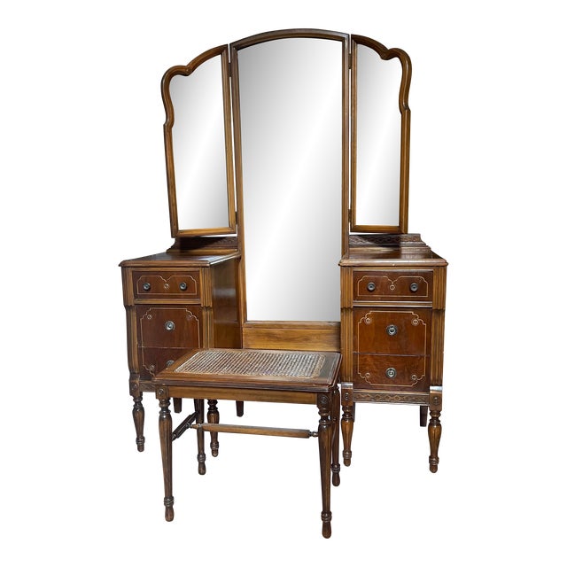 Early 20th Century Antique Vanity Desk With Trifold Mirror and Cane Seat Bench by the Rushville