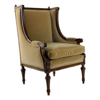 Vintage French Louis XVI-Style Bergère Armchair in Camel Velvet For Sale