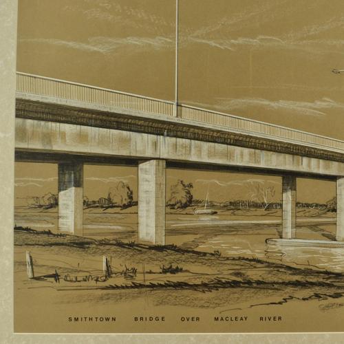 Gibb, Architectural Drawing of Smithtown Bridge, Australia, 1950s, Charcoal & Crayon For Sale - Image 3 of 9