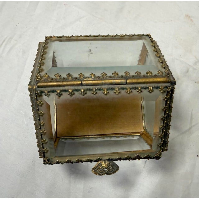 Metal Antique Gold Gilded Brass Beveled Glass Velour Jewelry Casket Jar Box Display For Sale - Image 7 of 12