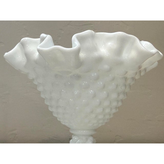 Vintage Fenton Hobnail Footed Milk Glass Compote/Candy Dish Signed Pedestal Ruffled Edge 5” Height For Sale - Image 9 of 10