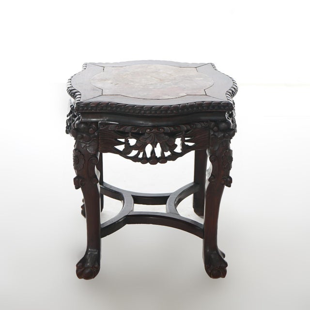 Late 19th Century Antique Chinese Carved Rosewood Marble Top Low Table 1890 For Sale - Image 5 of 8