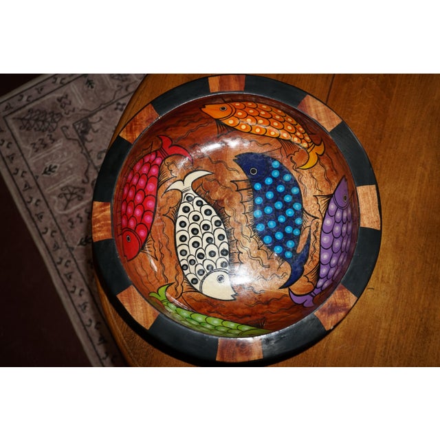 2020s Colorful Hand-Painted Wooden Fish Bowl – Folk Art Decorative Centerpiece For Sale - Image 5 of 9