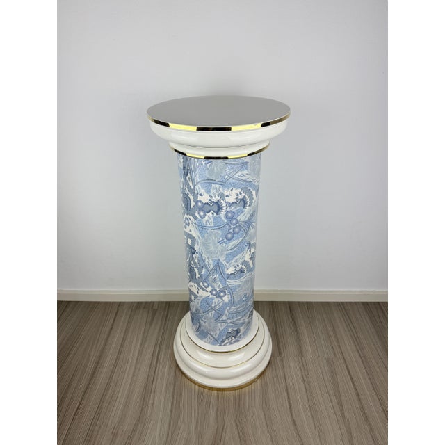 Ceramic Vintage Blue and White Porcelain Column Stand with Gold Trim, 1960s For Sale - Image 7 of 10