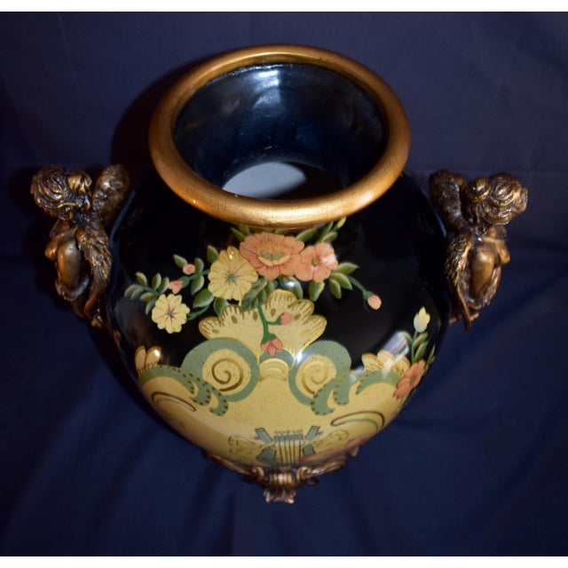 Vintage Neoclassical Ceramic Amphora Vase Lyre Floral Gilt Figural Urn 15” For Sale - Image 12 of 14
