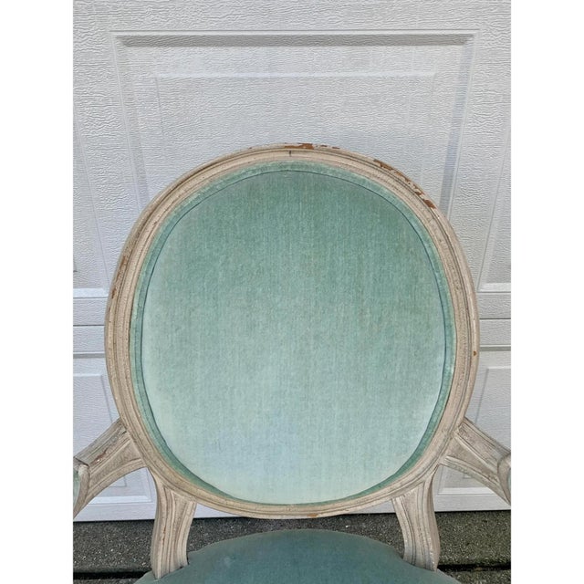 French Provincial A French Country Classic | Louis XVI Fauteuil in Soft Celadon Velvet For Sale - Image 3 of 10