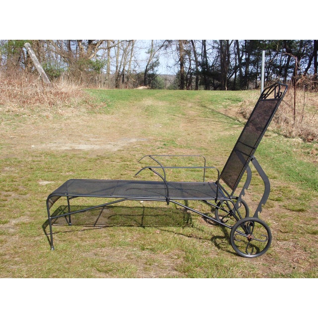 Vintage Rolling Adjustable Reclining Mesh Wrought Iron Chaise Lounge