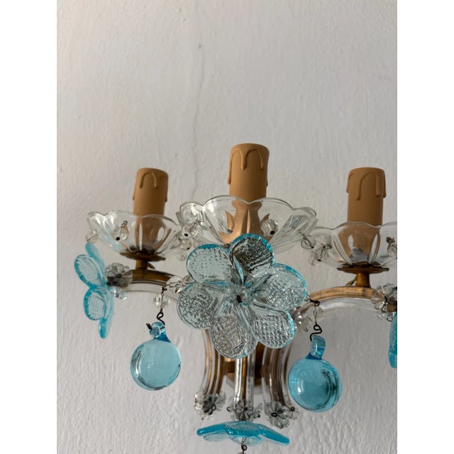 Italian C 1930 Rare Pair Aqua Blue 3 Lights Murano Flowers Crystal Sconces One of Kind For Sale - Image 3 of 12
