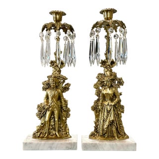 Antique Victorian Girandole Candlestick Holders With Hanging Prisms - a Pair For Sale