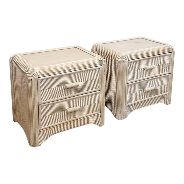 Pair of Vintage Pencil Reed Rattan Nightstand Coastal Hollywood Regency Tables For Sale