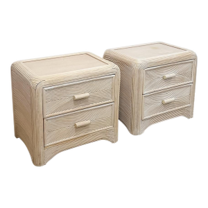Pair of Vintage Pencil Reed Rattan Nightstand Coastal Hollywood Regency Tables