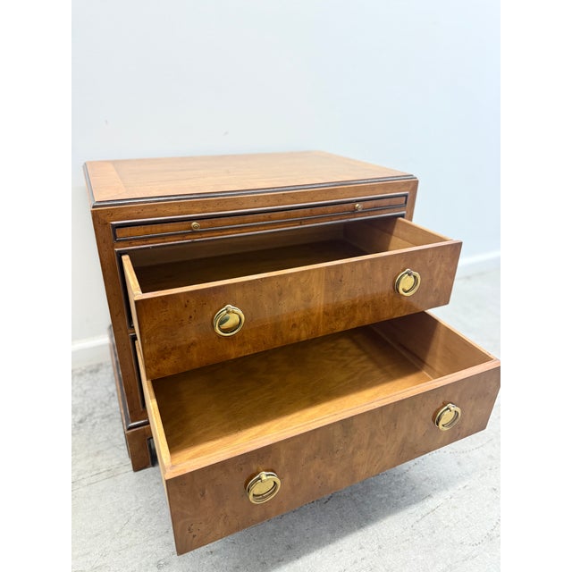 Wood Late 20th Century Pair of Drexel Heritage Burlwood Nightstands With Brass Ring Hardware For Sale - Image 7 of 16