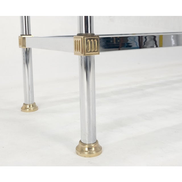 Two Tier Italian Glass Shelve Chrome 7 Brass 60" Console Sofa Table Finials MINT For Sale - Image 12 of 12