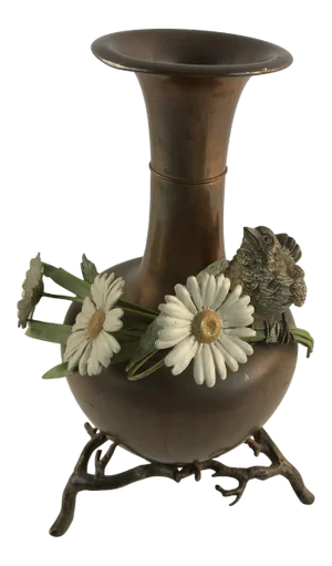 Viennese Cold Painted Applied Bird Flowers on Copper Vase
