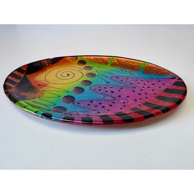 Glass Vintage Fiala Design Works Hand Painted Abstract Art Glass Plate For Sale - Image 7 of 10