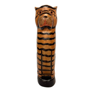 1960s Hand-Carved Folk Art Wooden Tiger Cat by Turtle and Crane - Mid-Century Primitive Whimsy For Sale