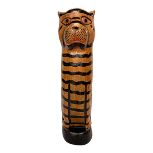 1960s Hand-Carved Folk Art Wooden Tiger Cat by Turtle and Crane - Mid-Century Primitive Whimsy