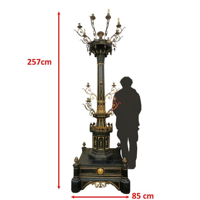 Rare Gothic-style candelabra in bronze and painted sheet metal with a green and gold patina The light arms are distributed...