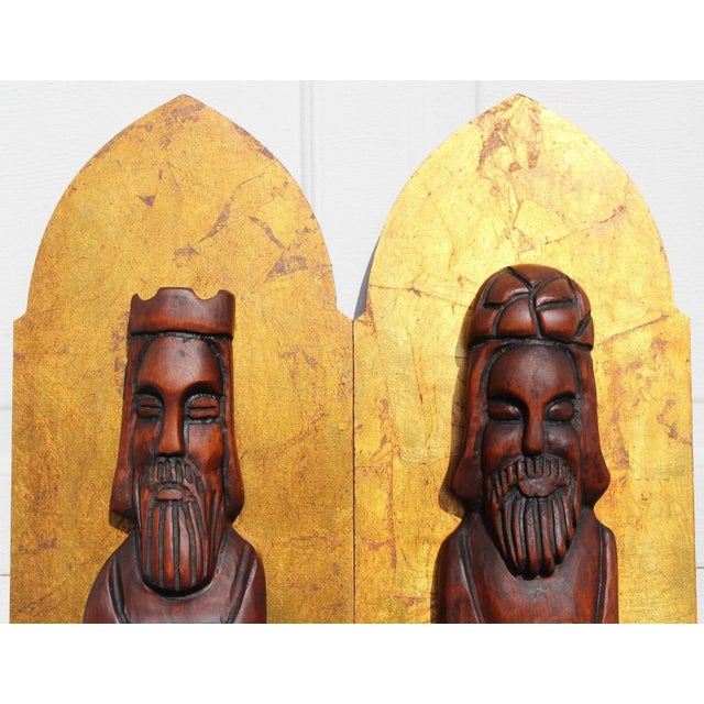 1960s 1960s Jaru California 36" Wall Art Wood Carved Figures Gold Plaques For Sale - Image 5 of 17