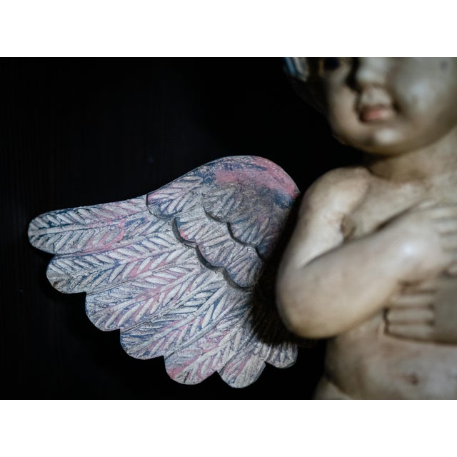French Country Antique Wood Carved Cherub Statuette For Sale - Image 3 of 5