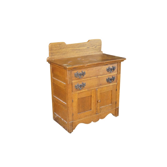 Victorian Antique American Victorian Oak Washstand Commode Chest Cabinet Backsplash For Sale - Image 3 of 18