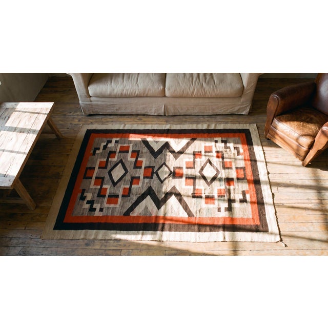 1930s Gray Diamond Antique American Navajo Rug 4' X 5'8" Flat Weave Wool Carpet For Sale - Image 10 of 11