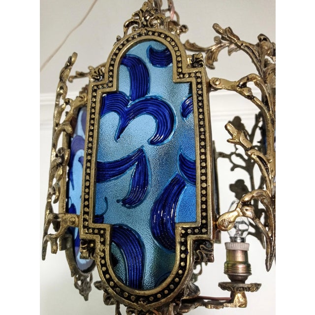 Blue Vintage French Brass Stained Glass Style Blue Colored Chandelier Basket Ceiling Fixture For Sale - Image 8 of 11