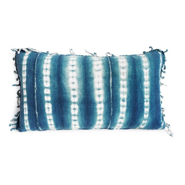 Authentic vintage indigo Mali textile patterned striped lumbar pillow. Fabric on front and back with down insert and...
