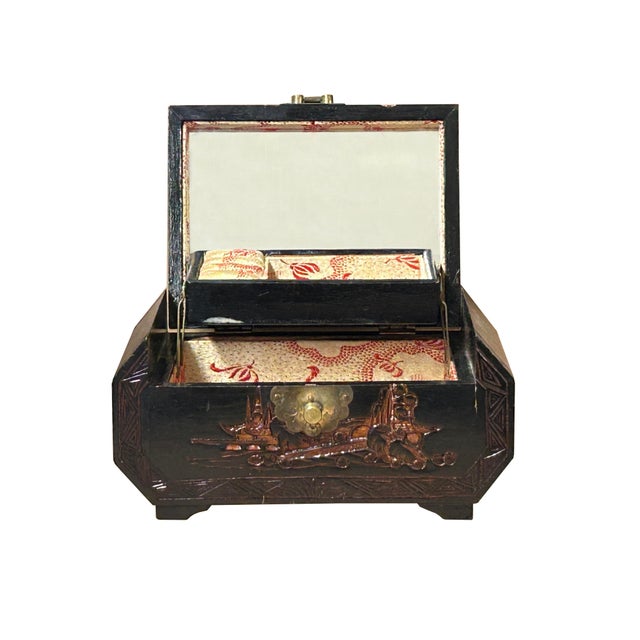 Vintage Asian Black Copper Color Scenery Motif Storage Accent Box For Sale In San Francisco - Image 6 of 12