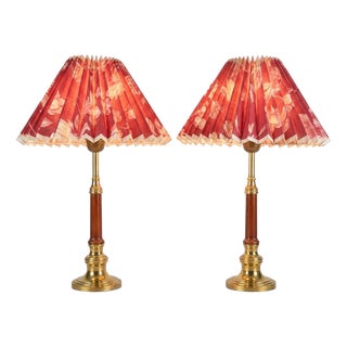 Brass and Wood Table Lamps with Pleated Floral Shades, 1970s, Set of 2 For Sale