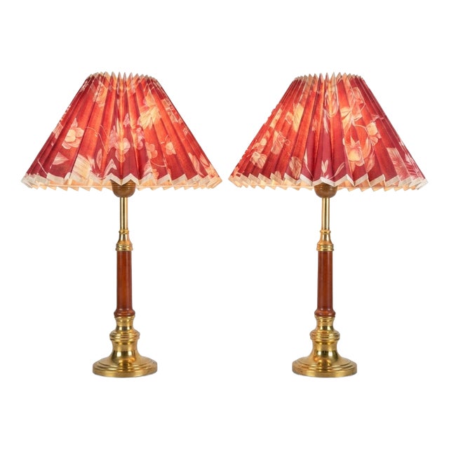 Brass and Wood Table Lamps with Pleated Floral Shades, 1970s, Set of 2 For Sale