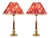 Brass and Wood Table Lamps with Pleated Floral Shades, 1970s, Set of 2 For Sale