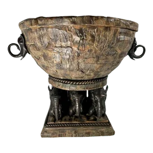 Mid-Century Large Bronze Elephant and Wood Bowl Centerpiece