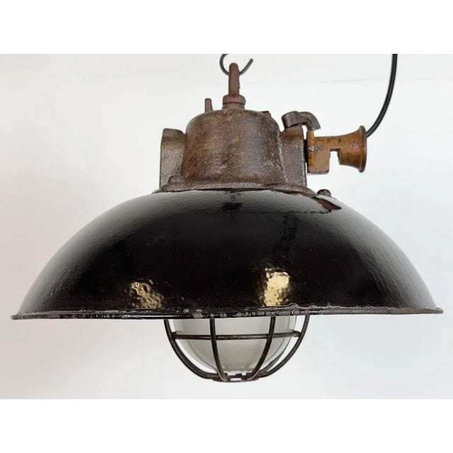 Glass Industrial Black Enamel and Cast Iron Cage Pendant Light from Elektrosvit, 1960s For Sale - Image 7 of 18