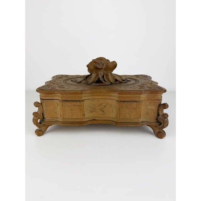 Wood Antique Black Forest Carved Wood Jewelry Box with Rose, 1890s For Sale - Image 7 of 14