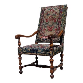 French Walnut Louis XIII Arm Chair Needle Work Upholstery For Sale