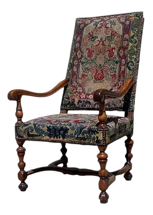 French Walnut Louis XIII Arm Chair Needle Work Upholstery