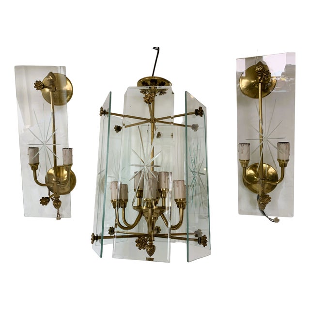 Art Deco Large Wall Lamps and Chandelier with 12 Lamps, 1970s, Set of 3 For Sale
