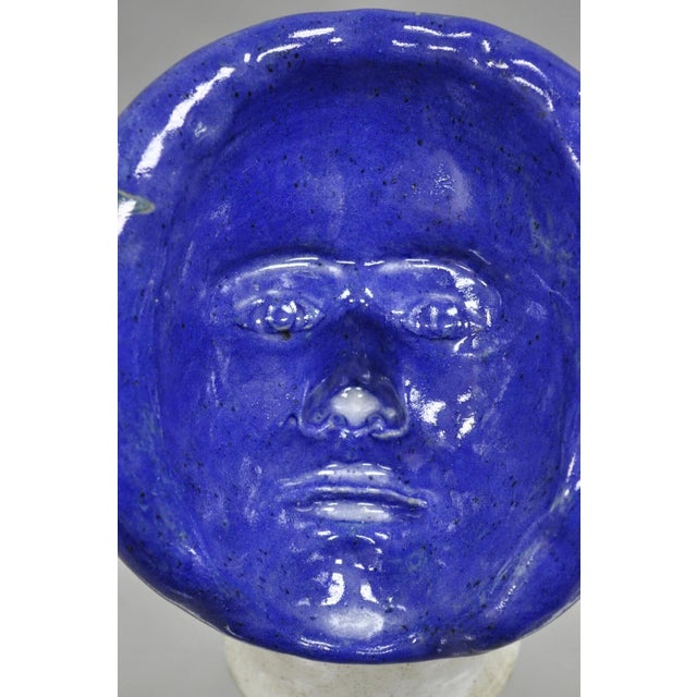 Mid-Century Modern Vintage Mid Century Modern Blue Glaze Ceramic Pottery World Globe Face Sculpture For Sale - Image 3 of 12