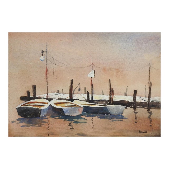Mid 20th Century Misty Morning Harbor Boats Watercolor Painting For Sale