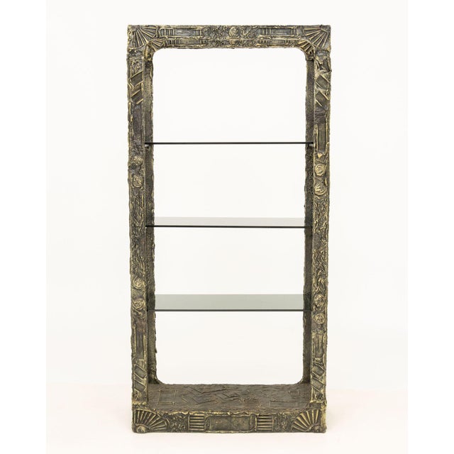 Adrian Pearsall "Goop" Etagere, bronzed textured resin and wood with three smoked glass shelves. 76.25" H x 36.75" x...