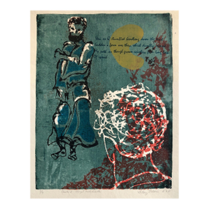Vintage Vibrant Mod Divine Comedy Dante Virgil Woodblock Woodcut Print, c.1960-1970s