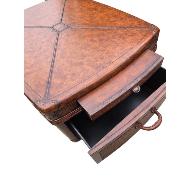 1990s Thomasville Leather Wrapped Rattan Coffee Table Trunk East Indies W/ Storage For Sale - Image 9 of 14