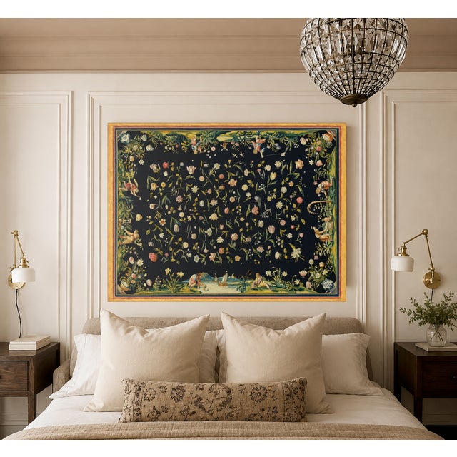 Paper Atelier Aria Lumae Golden Age Dutch Floral Antique Tapestry Fine Art Gallery Board Print With Faux Antique Gilt Frame Print Design 32 X 24.5 For Sale - Image 7 of 12