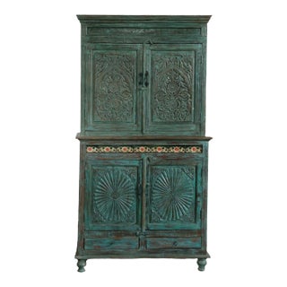 1920s Antique Cabinet Teal Blue 4 Doors Carved For Sale